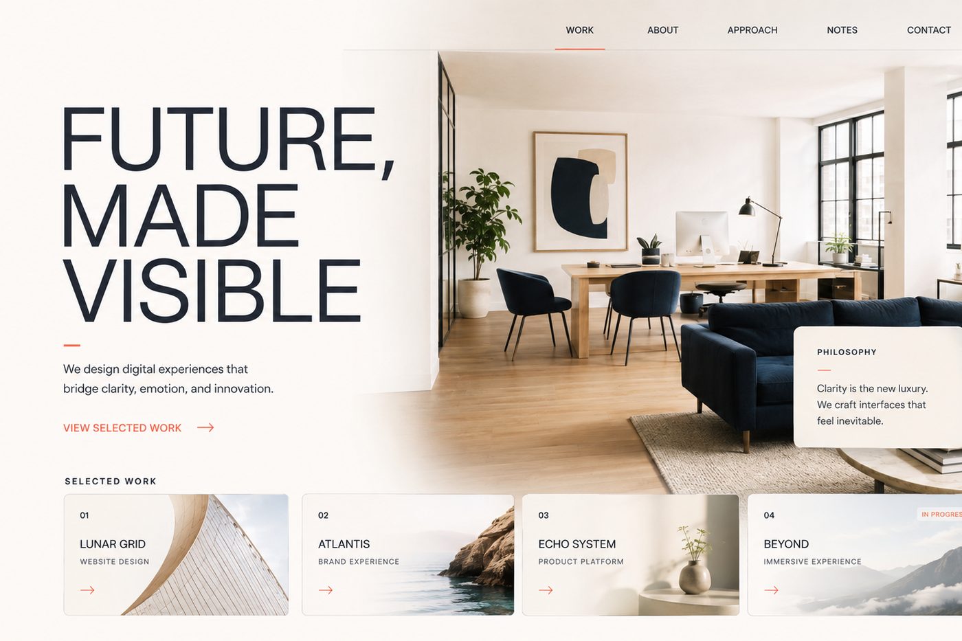 A light, spacious website homepage layout with a bold headline and a row of work cards