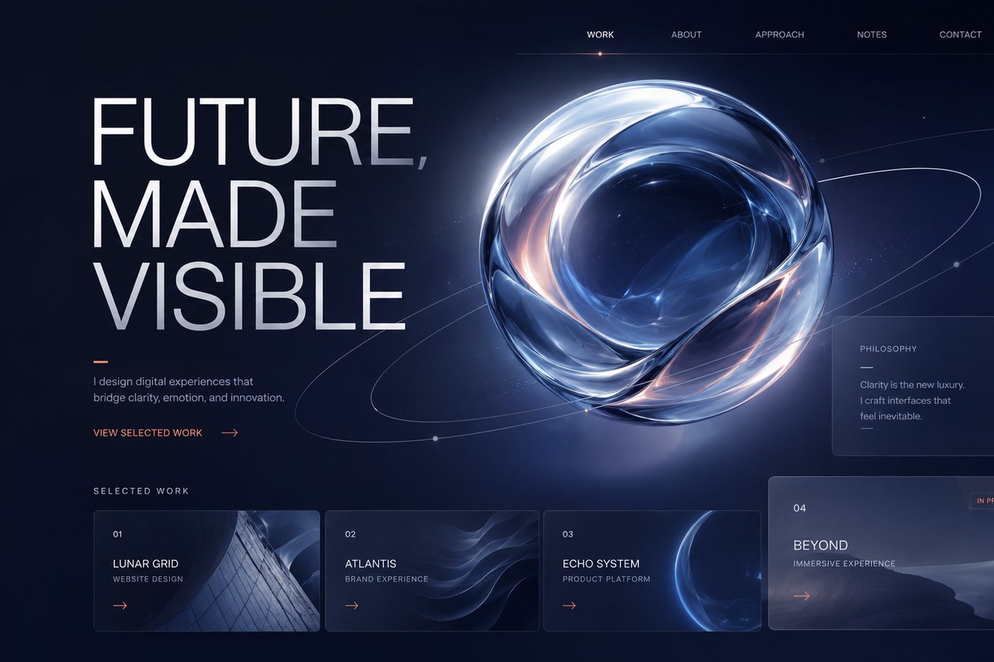 A dark, editorial website homepage layout with a bold headline and selected work cards