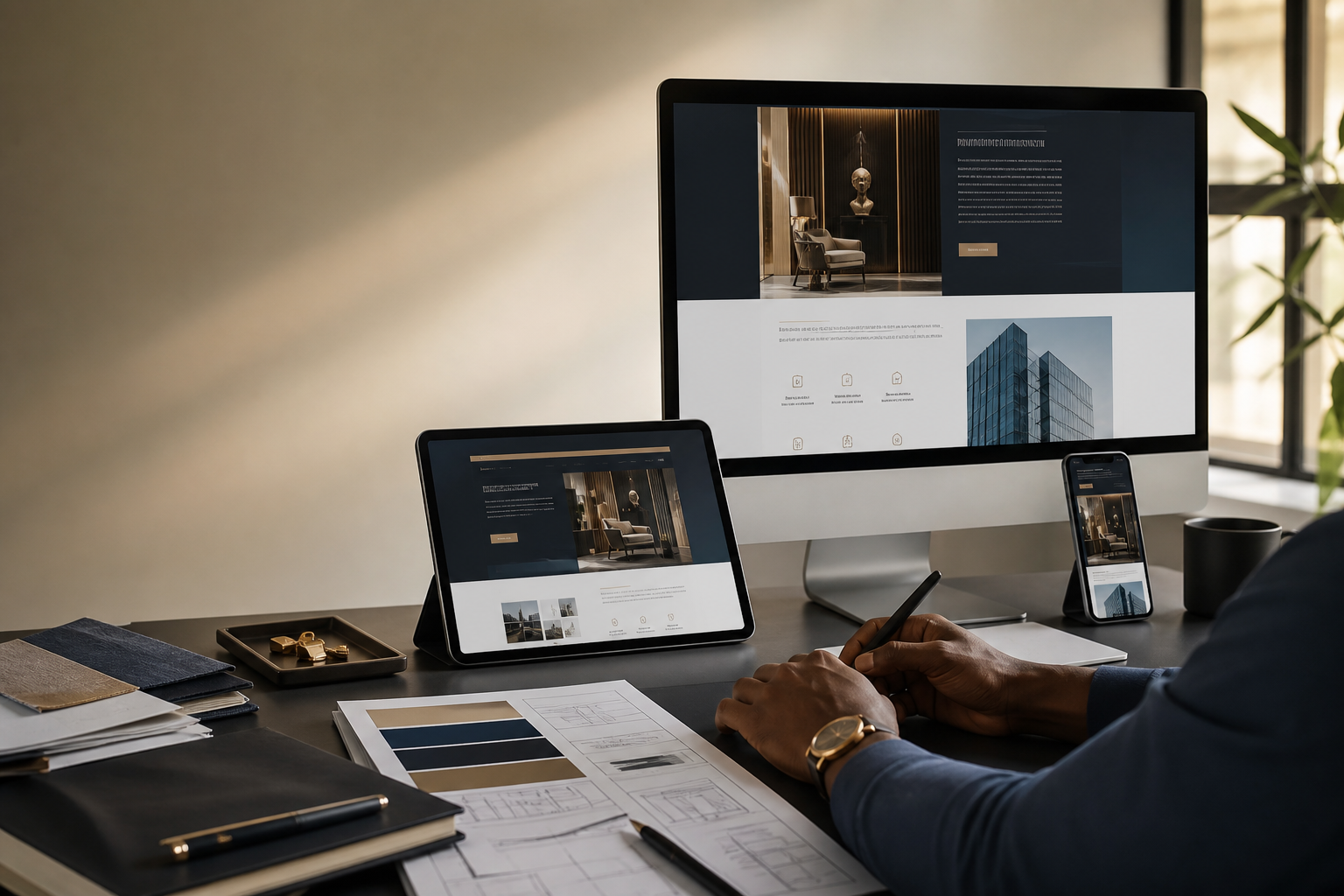 A premium responsive website being designed across desktop, tablet and mobile screens